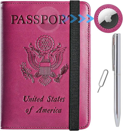 Airtag Passport Holder Cover Wallet Travel Essentials RFID Blocking Leather Card Case International Must Haves Travel Accessories for Women Men(119#Purple)