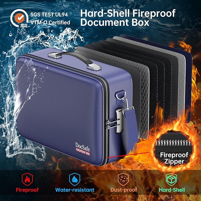 DocSafe Fireproof Document Box with Lock＆Shoulder Strap,Hard Case File Organizer with Accordion File Folder,Multi-Layer Portable Home Office Travel Safe Storage for Important Documents Laptop Blue