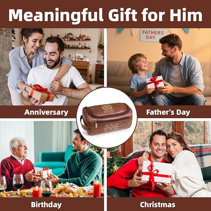 Personalized Toiletry Bag for Men, Custom Leather Shaving Dopp Kit for Him, Engraved Name Initials Travel Bag for Husband, Personalized Christmas Birthday Gifts for Men Dad Groomsmen-Black