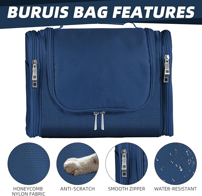Buruis Large Toiletry Bag for Women and Men, Hanging Travel Bag for Makeup, Cosmetics, Shaving, Toiletries, Water-Resistant Dopp Kit for Gym, Camping, or Daily Use, Blue