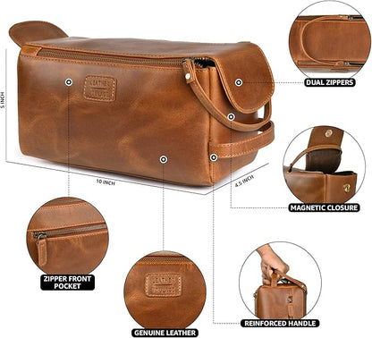 LEATHER VILLAGE Premium Leather Travel Toiletry Bag - Water-Resistant Dopp Kit for Toiletries, Large Shaving Bag & Bathroom Organizer - Gift for Men & Women - Tan Brown