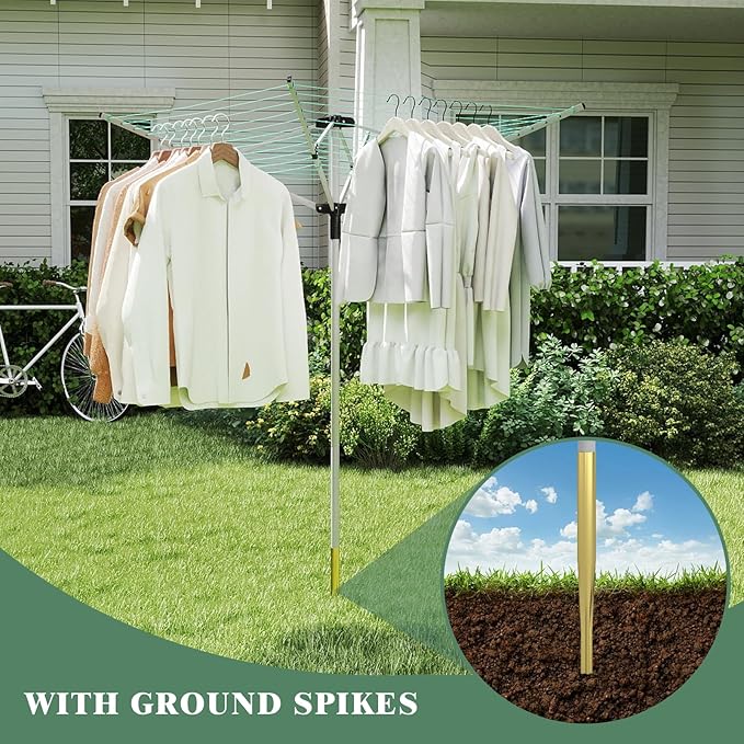 Outdoor Umbrella Drying Rack 165 Feet Umbrella Clothesline with 12 Lines Rotary Drying Rack Adjustable Height 4-Arm Foldable Clothes Drying Rack with Protective Cover for Backyard- Green