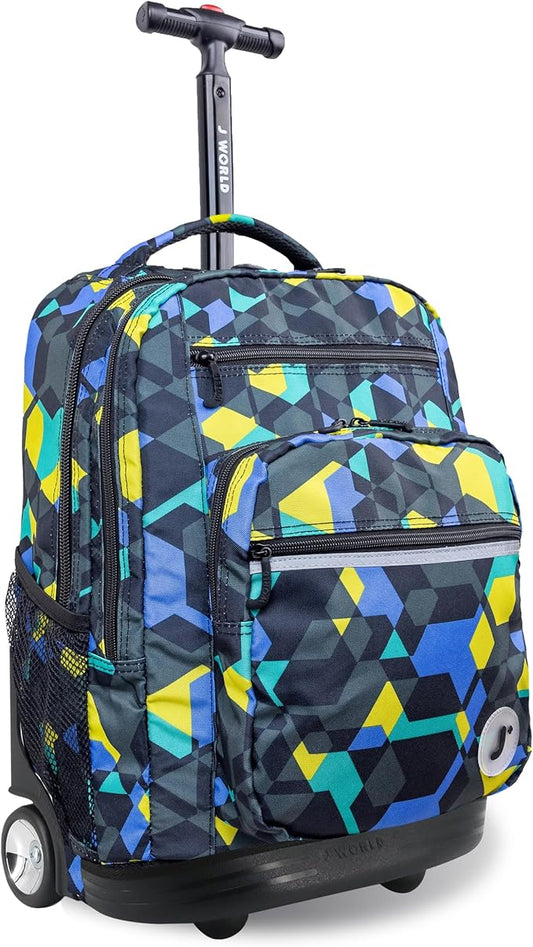 J World Sundance Laptop Rolling Backpack for Girls Boys. Roller Bookbag with Wheels, Cubes