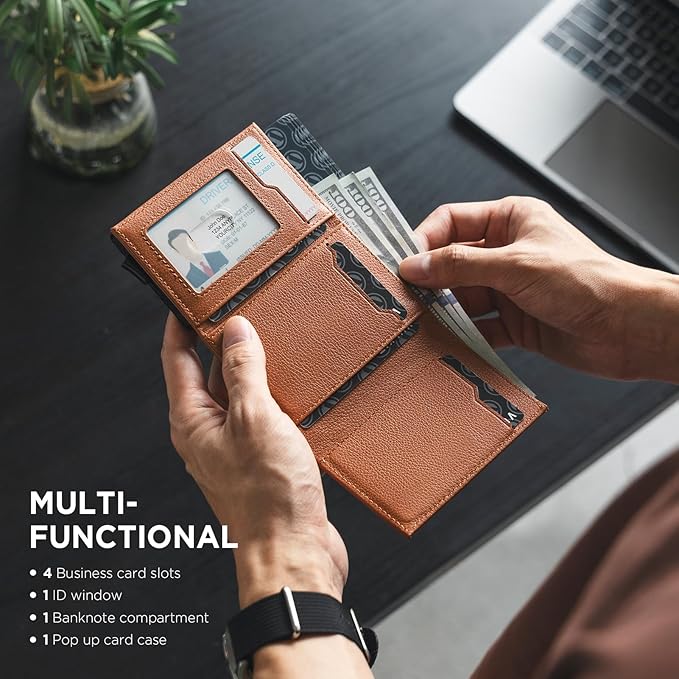 VULKIT Pop up Card Wallet Minimalist Cash Wallets RFID Blocking Leather Smart Credit Card Holder with ID window for Men