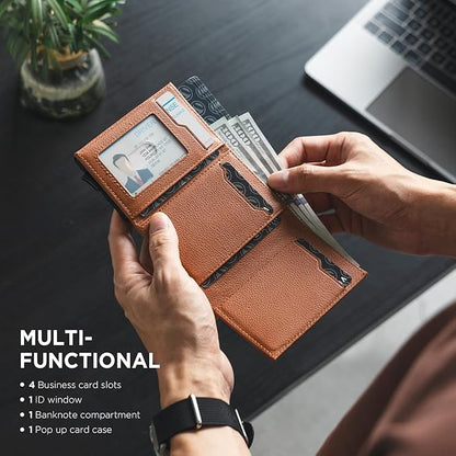VULKIT Pop up Card Wallet Minimalist Cash Wallets RFID Blocking Leather Smart Credit Card Holder with ID window for Men