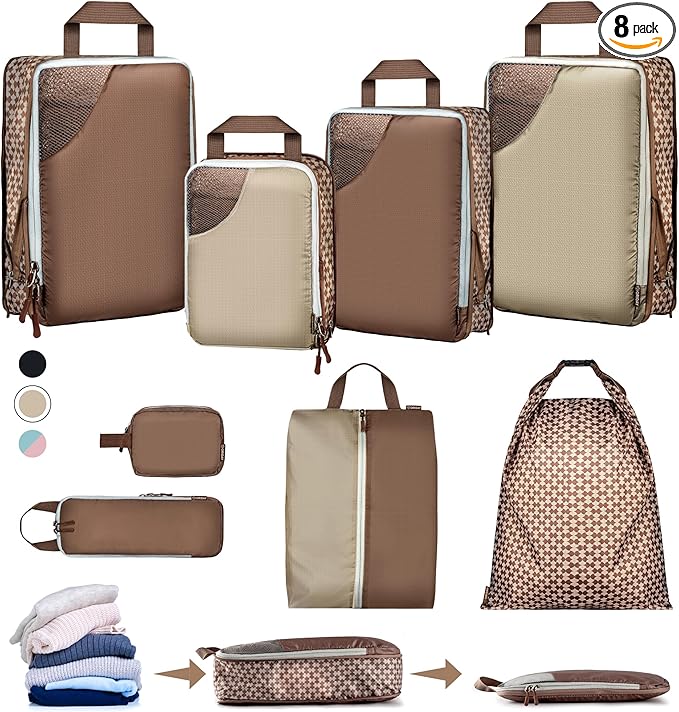 Oriday Set of 8 compression packing cubes for travel accessories- Expandable bags for clothing, toiletry, backpacks, organizing essentials (Beige)