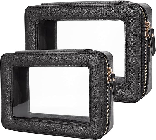 Aveniee Clear Makeup Bag Set,Portable Travel Toiletry Bag Cosmetic Case for Women,Vegan Leather Make Up Pouch Organizer Car Bag for Essentials 2pcs,Middle & Large,Black