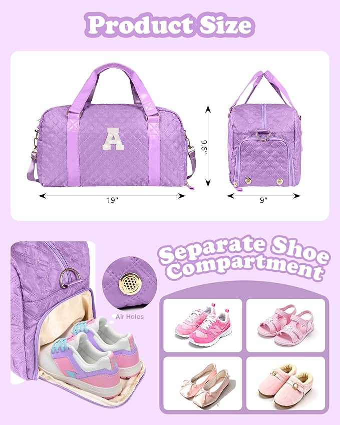 Initial Travel Duffle Bag Women Girls Christmas Gift: Personalized Weekender bags, Dance Cheer bag Sports for Girl, Kid Gymnastics Bags, Birthday Gifts for Women Kids Teens