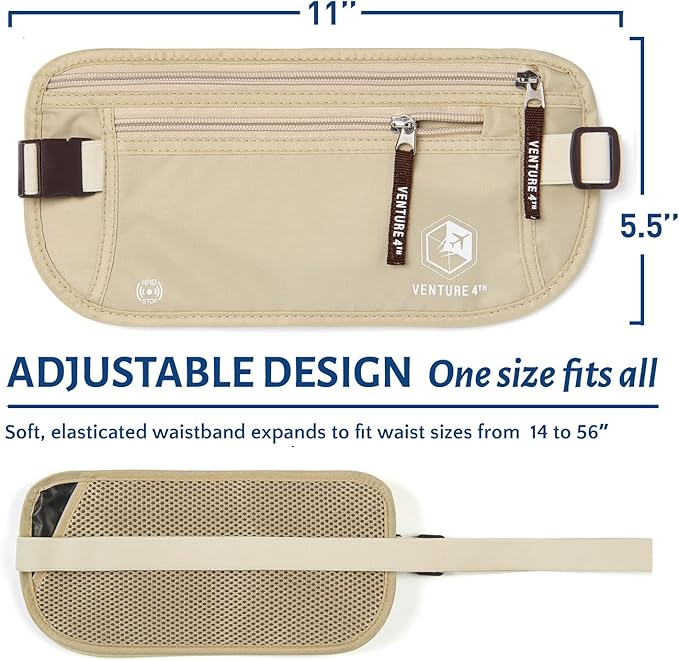VENTURE 4TH Travel Money Belt - Slim Passport Holder RFID Blocking Travel Pouch to Protect Cash, Credit Cards and Travel Documents (Beige)