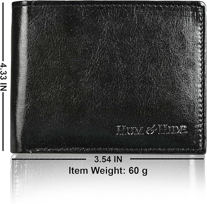 Hum & Hide Full-Grain Leather Wallet for Men – RFID Blocking Slim Bifold Wallet with ID Window, 8 Card Slots & Cash Compartment – Minimalist Black Leather Gift Wallet