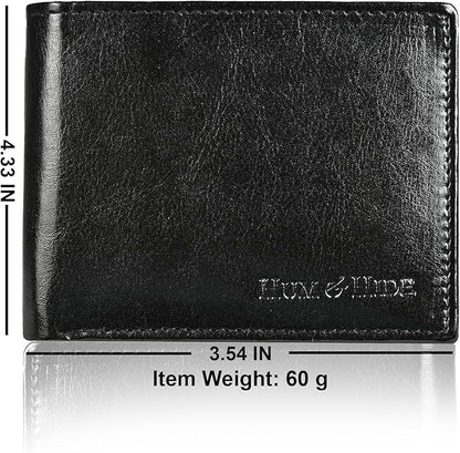 Hum & Hide Full-Grain Leather Wallet for Men – RFID Blocking Slim Bifold Wallet with ID Window, 8 Card Slots & Cash Compartment – Minimalist Black Leather Gift Wallet