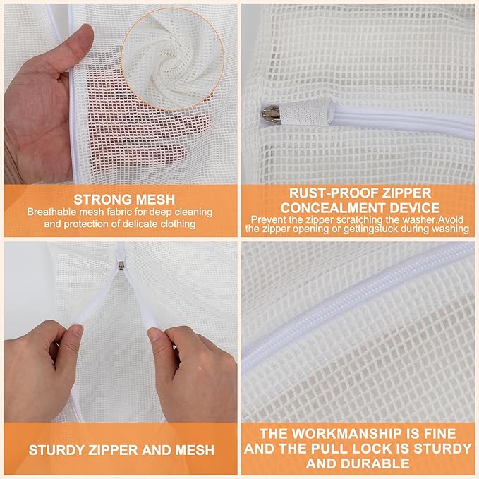 4-Piece White Large Durable Organic Cotton Mesh Laundry Bags with Sturdy Zippers and Breathable Mesh are Delicate Laundry Bags for Underwear, Clothes, Pants and Socks