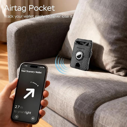 Men's RFID Wallet for AirTag - Brushed Metal Pop Up Card Holder, Slim Front Pocket Compact Bifold Wallet with ID Window Money Clip, Holds 9-11 Cards, Gift for Men