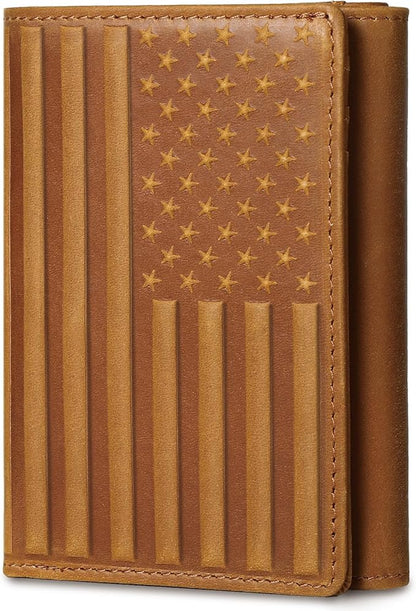 Trifold Leather Wallet for Men RFID Blocking – Mens Trifold Wallet Leather with 12 Card Slots, Gift for Men, American Flag Wallet Brown