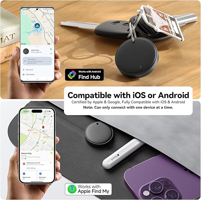 Eelexa Smart Tag Tracker, Dual System Air Tracker Tag for iOS and Android, Compatible with Apple Find My or Google Find Hub Smart Keys Finder Item Locator with Waterproof&Light (Black-4Pack)