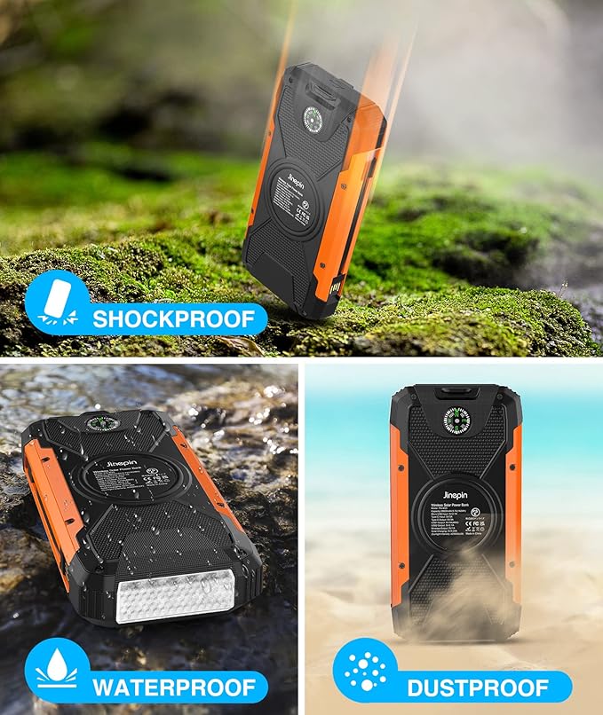 Solar Charger Power Bank -38600mAh Solar Phone Charger Built in 3 Cables Waterproof Outdoor External Battery Pack with 4 Outputs 2 Inputs USB C 15 W Powerbank with Camping Light Compass