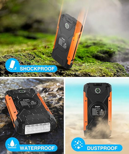 Solar Charger Power Bank -38600mAh Solar Phone Charger Built in 3 Cables Waterproof Outdoor External Battery Pack with 4 Outputs 2 Inputs USB C 15 W Powerbank with Camping Light Compass