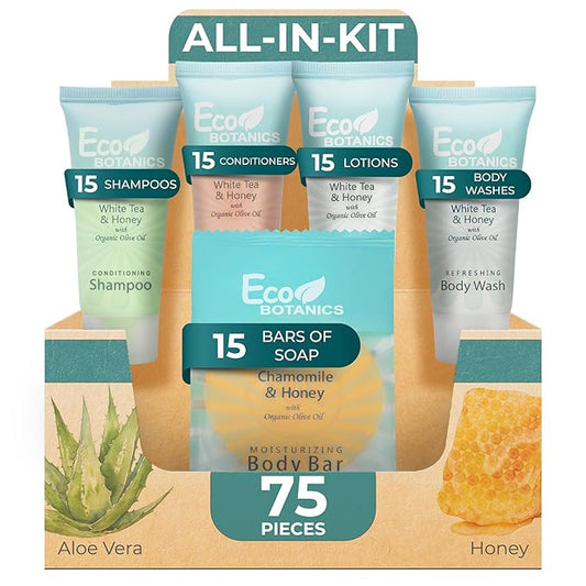 Terra Pure Eco Botanics Hotel Soaps and Toiletries Bulk Set | 1-Shoppe All-In-Kit Amenities |0.85oz Shampoo & Conditioner, Body Wash, Body Lotion & 0.89oz Bar Soap Travel Size | 75 Pieces