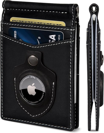 SERMAN BRANDS AirTag Wallet - RFID Blocking Mens Minimalist Money Clip Wallet for Airtag - Full Grain Leather - Slim Bifold. Front Pocket Air tag Wallets for men. Gift (Charcoal Black Air)