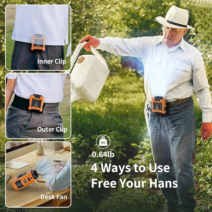 Socool 10000mAh Portable Waist Fan Clip on Wearable Belt Personal Fan Rechargeable Battery operated With 5 Speeds & Flashlight Neck Hands-Free 40H Cooling For Outdoor Camping Travel (Orange)