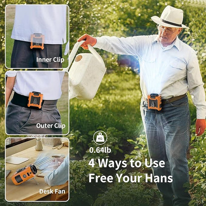 Socool 10000mAh Portable Waist Fan Clip on Wearable Belt Personal Fan Rechargeable Battery operated With 5 Speeds & Flashlight Neck Hands-Free 40H Cooling For Outdoor Camping Travel (Orange)