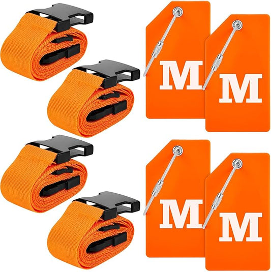 Weewooday 8 Pcs Luggage Straps Suitcase Tags Set for TSA Approved, 4 Travel Adjustable Suitcase Belt, 4 Silicone Luggage Tags with Name ID Card Travel Accessories(Light Orange,M)