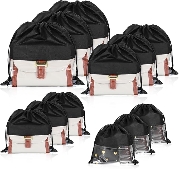 12 Pcs Dustproof Drawstring Bags for Handbags Purse Dust Bags Shoe Bags for Travel Dust Storage Bags Covers String Packing Organizer (Black, 4 Sizes)
