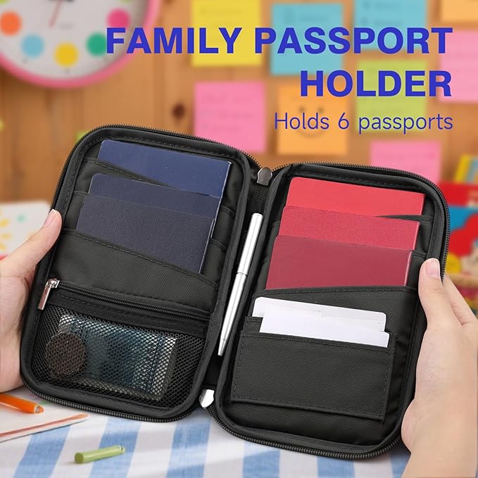 WALNEW Passport Holder for Travel Family, RFID-Blocking Travel Wallet Holder for 6 Passports, Water Resistant Bag Document Organizer for Cards, Cash, Boarding Passes, Tickets (Black)