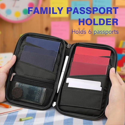 WALNEW Passport Holder for Travel Family, RFID-Blocking Travel Wallet Holder for 6 Passports, Water Resistant Bag Document Organizer for Cards, Cash, Boarding Passes, Tickets (Black)