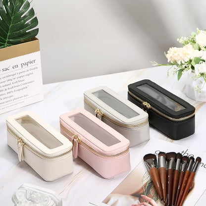 Aveniee Clear Makeup Brush Bag,Slim Cosmetic Brush Holder,Small Toiletry Bag Mini Travel Case for Women,Thin Make up Bags with Dual Zipper,Cute Travel Essentials Organizer,Black