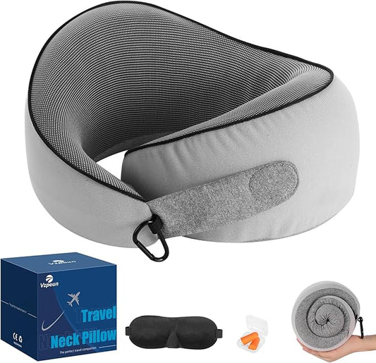 Travel Pillow, Memory Foam Neck Pillow Airplane for Long Flights, Portable Plane Cars Sleeping Travel Accessories with Eye Masks Earplugs (Light Gray)