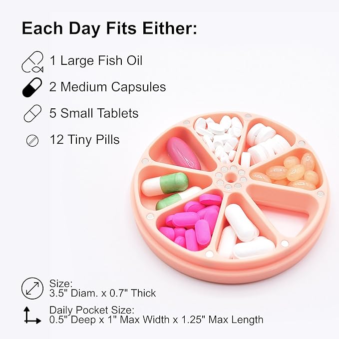 Travel RX Pill Case by Type Two Labs – Weekly 7 Day Pill Box, Compact Magnetic Organizer for Pills fits Purses or Pockets, Rugged Daily Caddy Holds Vitamins, Supplements and Medication. (Peach)