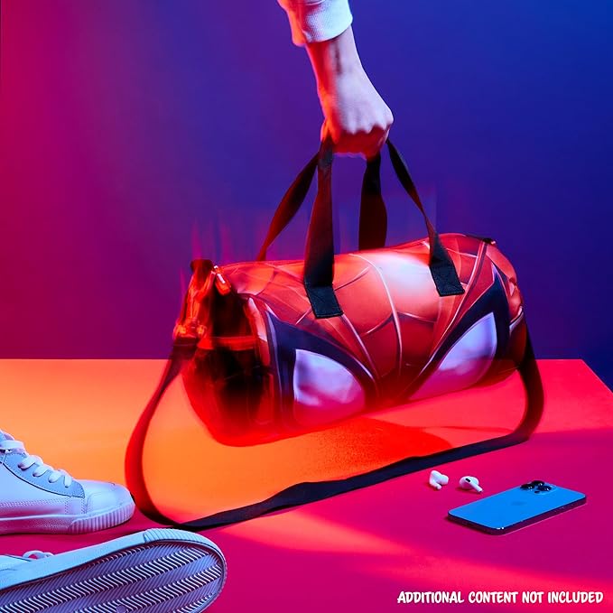 Disney Sports Duffel Bag, 15 x 7 x 7" Holdall 2 Pockets Adjustable Strap (Black/Red Spiderman)