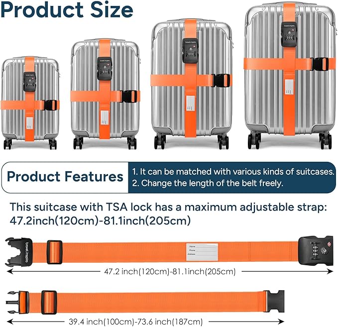Travel Inspira Luggage Straps for Suitcases Travel Belt for Luggage TSA Approved Luggage Straps, Suitcase Straps 3-Dial Combination Locks Adjustable Suitcase Belt, Quick-Release Buckle (Orange)