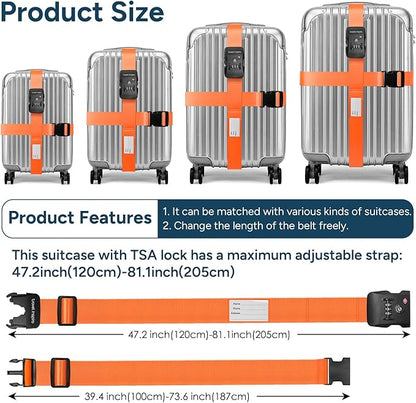 Travel Inspira Luggage Straps for Suitcases Travel Belt for Luggage TSA Approved Luggage Straps, Suitcase Straps 3-Dial Combination Locks Adjustable Suitcase Belt, Quick-Release Buckle (Orange)