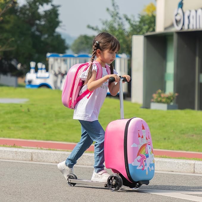 VLIVE Kids Scooter Luggage with Backpack 2-in-1 Set, 30L Ride-On Suitcase + 10L Backpack, Durable EVA Material, Lightweight Foldable, Wheels for Girls Aged 4-8, Unicorn Design