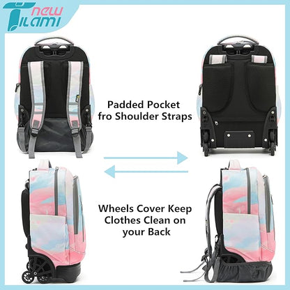 NEW TILAMI 18 Inch Rolling Backpack with Wheels for Girls Boys Kids Laptop Backpack School Travel, Pink Sunset