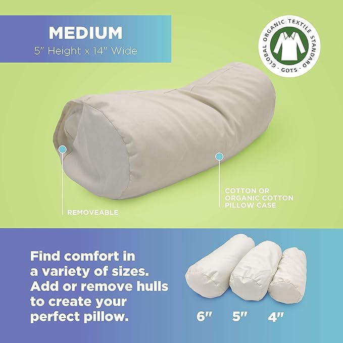 Organic Cotton Neck Roll Pillow with Pillowcase – Organic Millet Filled Soft Neck Pillow with Breathable and Durable Fabric Washable Protector – Supportive for Deep Sleep – Made in USA, 5" x 14"