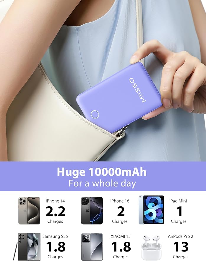miisso 10000mAh Compatible with iPhone 15/16/17 and Android, Slim Portable Charger with Built in Cable, Power Bank Travel Charger External Battery Pack for Phone, 3 Output USB Type C Cord, Purple