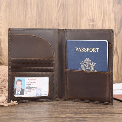 Polare Full Grain Leather Passport Holder RFID Blocking Travel Bifold Wallet Passport Holders 2 Passports (Dark Brown with AirTag Slot)