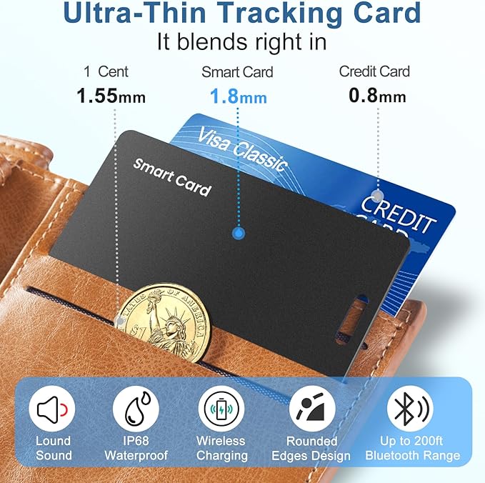 2-Pack Tracker Card for Android - Works with Google Find Hub/My Device Compatible, Ultra-Thin Wireless Charging Bluetooth Locator with Keyring Hole for Keys, Wallets, Pets, Bags & Luggages