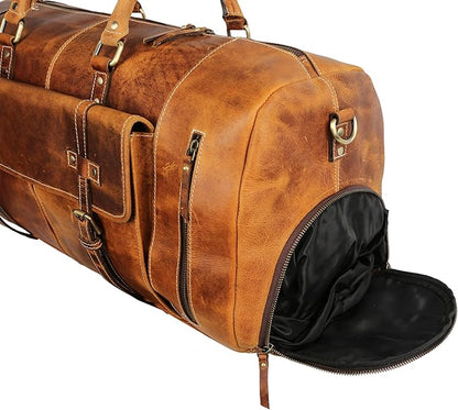 KomalC Leather Duffel Bags for Men and Women Full Grain Leather Travel Overnight Weekend Leather Bags Sports Gym Duffel for Men (Tan, 24 Inch)