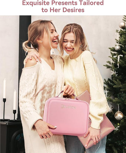 JUSRON Travel Makeup Bag With LED Mirror, Train Case with Light up Mirror, Portable Makeup Artist Organizer Bag with Adjustable Dividers, Makeup Brush Holder Storage (Pink, Large)