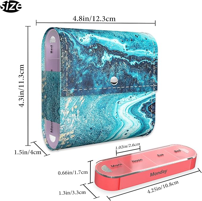 Pill Organizer,LIZIMANDU Weekly Travel Pill Case Box Medication Reminder Daily AM PM, Day Night 7 Compartments,for 4 Times A Day, 7 Days a Week-Includes Leather PU Carrying Case (Blue Quicksand)