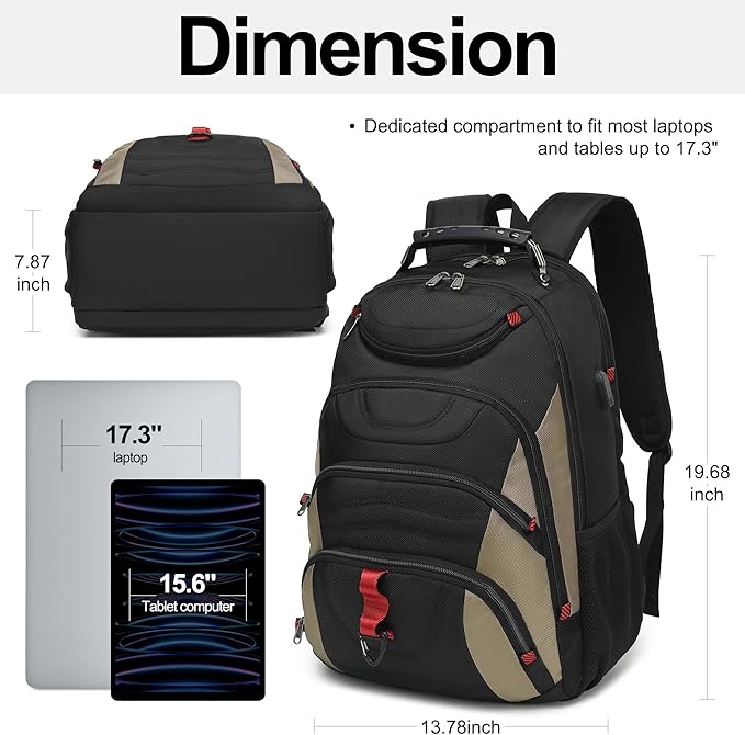 Boavan Laptop Backpack for men, 17.3 inch Laptop Bag with USB Port, Waterproof Travel Work Backpack Purse, Anti-Theft Teacher Nurse Doctor Casual Bookbags Office Business backpack，Black&Khaki
