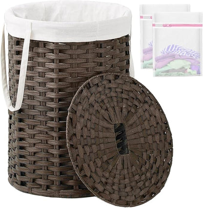Laundry Hamper with Lid, 19.0 Gal (72 L) Round Wicker Laundry Basket, Handwoven Rattan Basket with Lid, Removable Bag, 2 Mesh Bags, Handles for Living Room, Bathroom, Brown