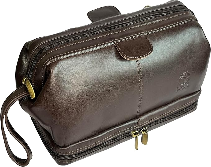 RUSTIC TOWN Leather Toiletry Bag for Men - Shaving Ditty Kit - Travel Gift Bathroom Shower Toiletries Organizer - Cosmetic Makeup Bag for Women (Chocolate Brown)