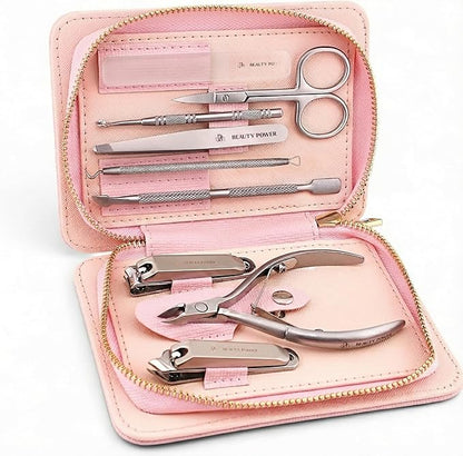 9 in 1 Professional Manicure Pedicure Set - Stainless Steel Nail Clippers, Nano File, Cuticle Nipper, Scissors, Tweezers, Travel PU Leather Case for Men & Women - Gift Ready New (Pink)