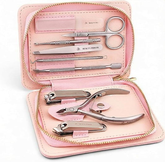 9 in 1 Professional Manicure Pedicure Set - Stainless Steel Nail Clippers, Nano File, Cuticle Nipper, Scissors, Tweezers, Travel PU Leather Case for Men & Women - Gift Ready New (Pink)