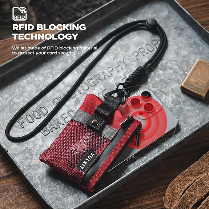 VULKIT Small RFID Wallet for Women & Men – Minimalist Zipper Wallet with ID Window, Keychain & Carabiner, Holds 15 Cards, Water Resistant Travel Lanyard Wallet Red